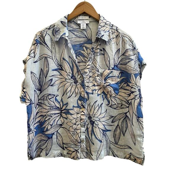 H Halston Floral Print Button Front Boxy Blouse Size Large Resort Beach - Picture 2 of 9